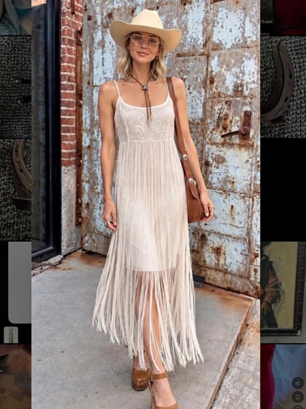 Vintage Ivory Embroidered Fringe Dress Western Festival Boho Slip Dress L